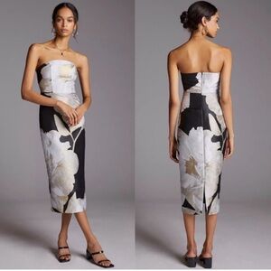 Eva Franco Strapless Dress in Black and Silver Floral